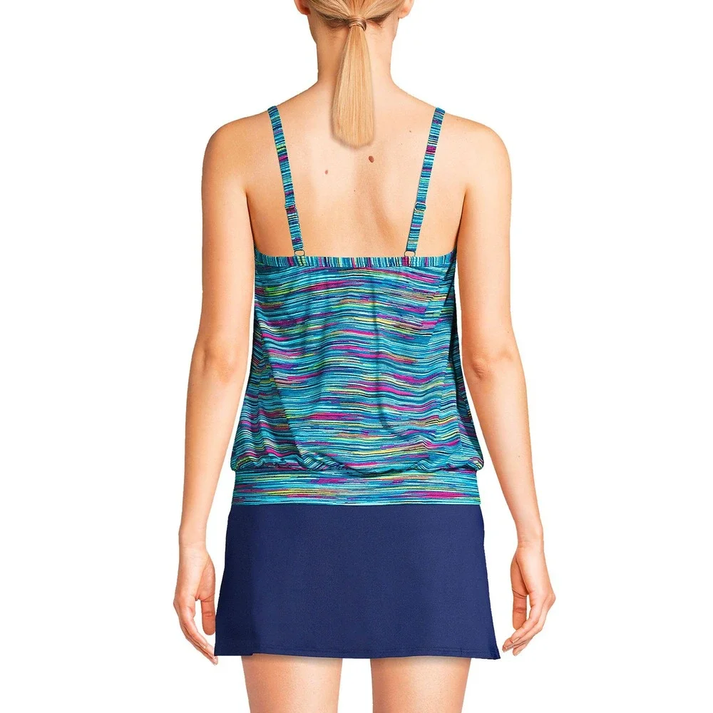 Lands' End Women's 8 Chlorine Resistant Blouson Tankini Swimsuit Top Deep Sea Na
